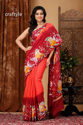 Fish motif batik handmade pure cotton saree - natural and unique design red orange pattern 4