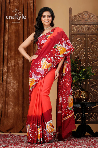 Fish motif batik handmade pure cotton saree - natural and unique design red orange pattern 4
