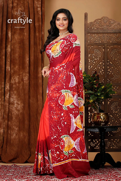Fish motif batik handmade pure cotton saree - natural and unique design red pattern 3