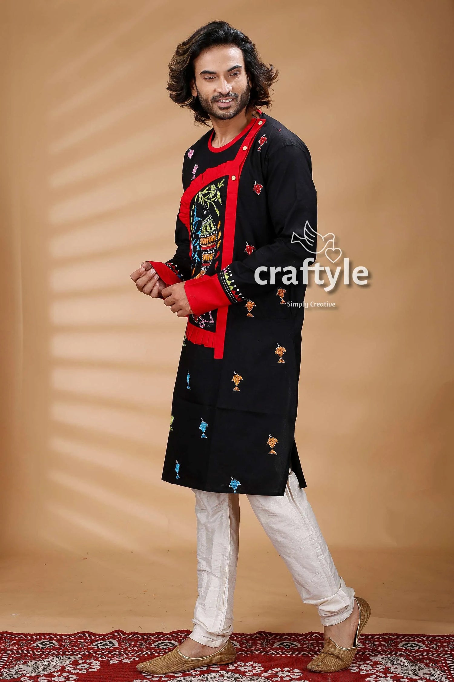 Fish motif black kantha stitch cotton panjabi for men embroidered kurta vibrant red 4