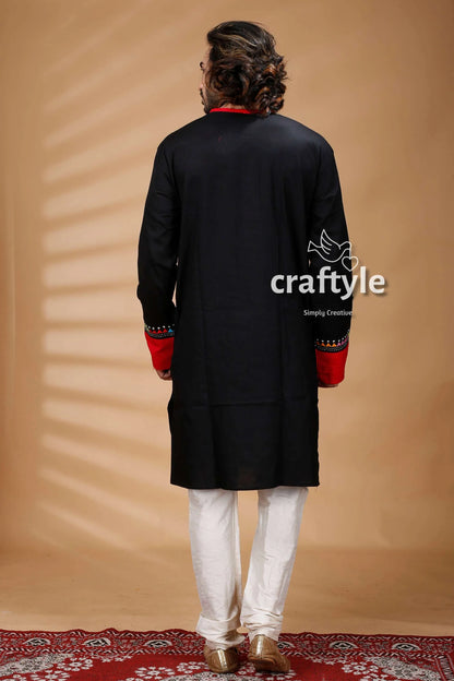Fish motif black kantha stitch cotton panjabi for men kurta red embroidered cuffs 5