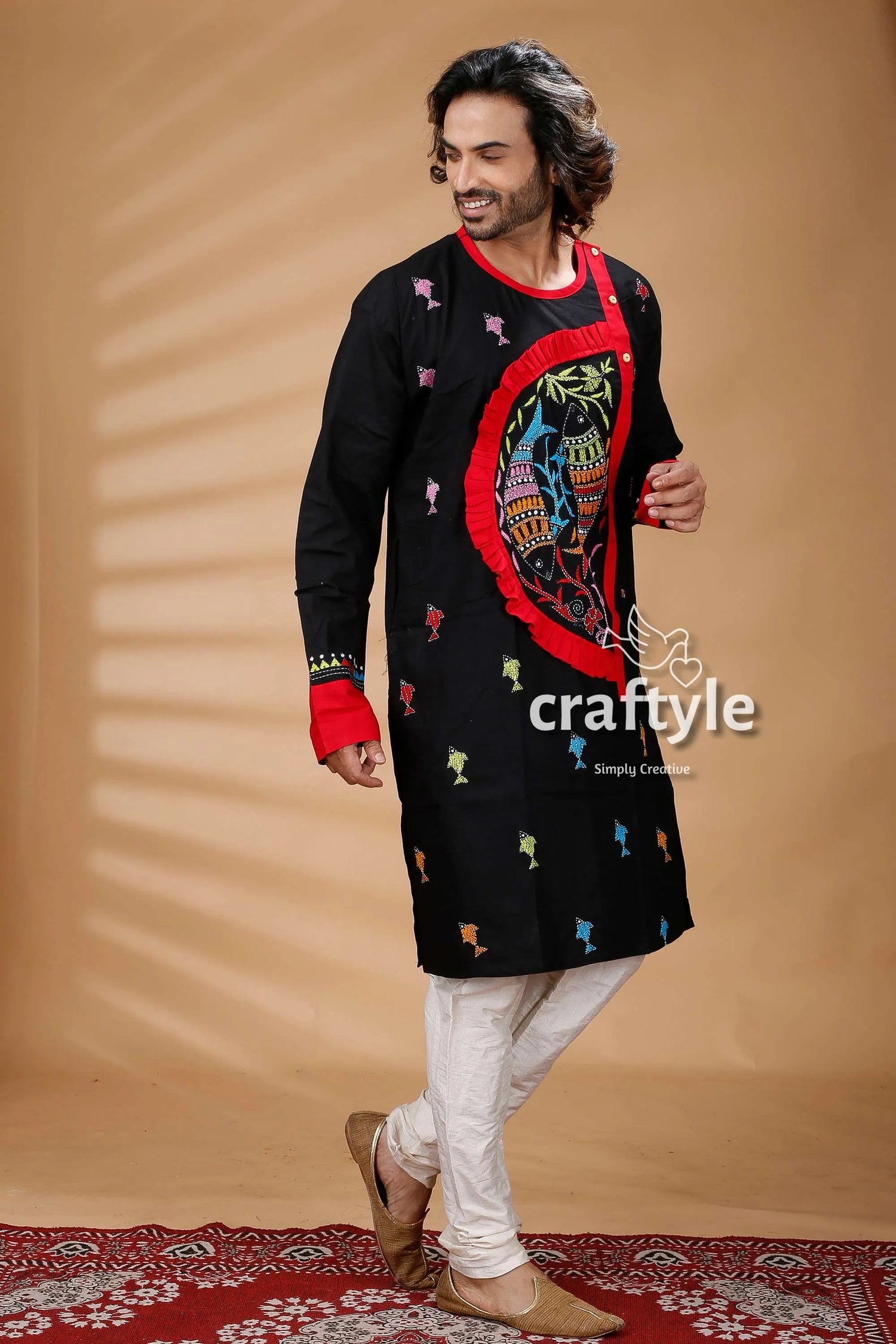 Fish motif black kantha stitch cotton panjabi for men embroidered kurta vibrant red 3