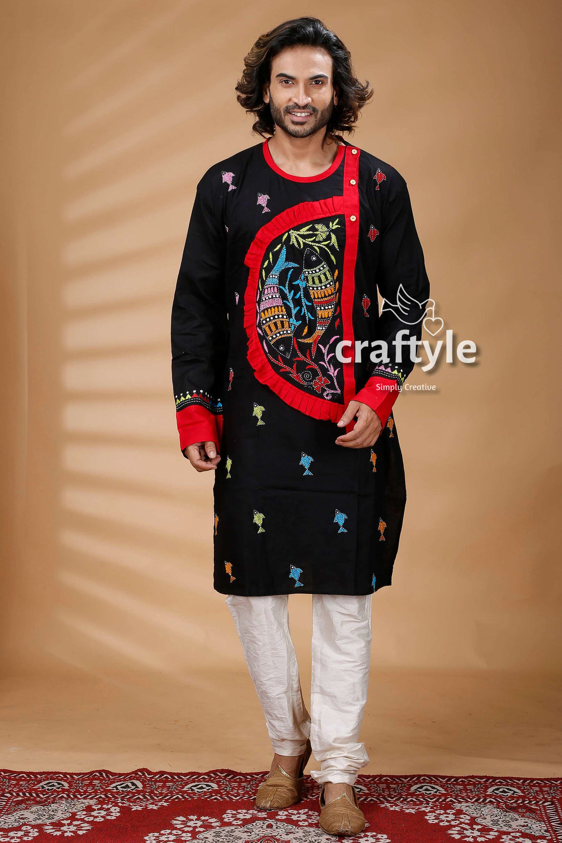 Fish Motif Black Kantha Stitch Cotton Panjabi for Men - Craftyle