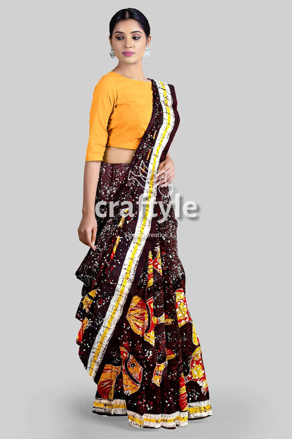 Fish Motif Hand Batik Pure Mulberry Silk Saree - Batik Silk Saree - Craftyle