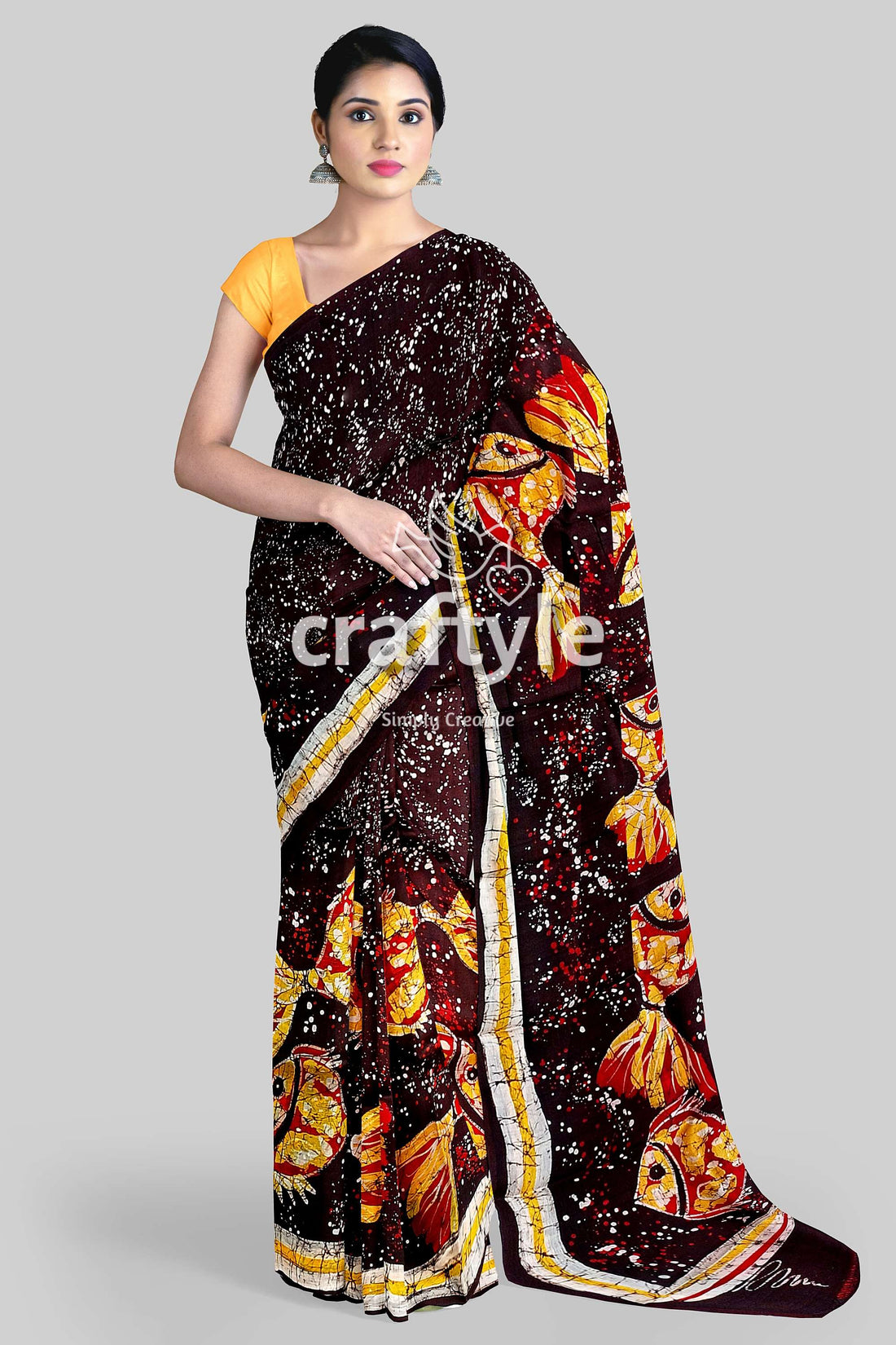 Fish Motif Hand Batik Pure Mulberry Silk Saree - Batik Silk Saree - Craftyle