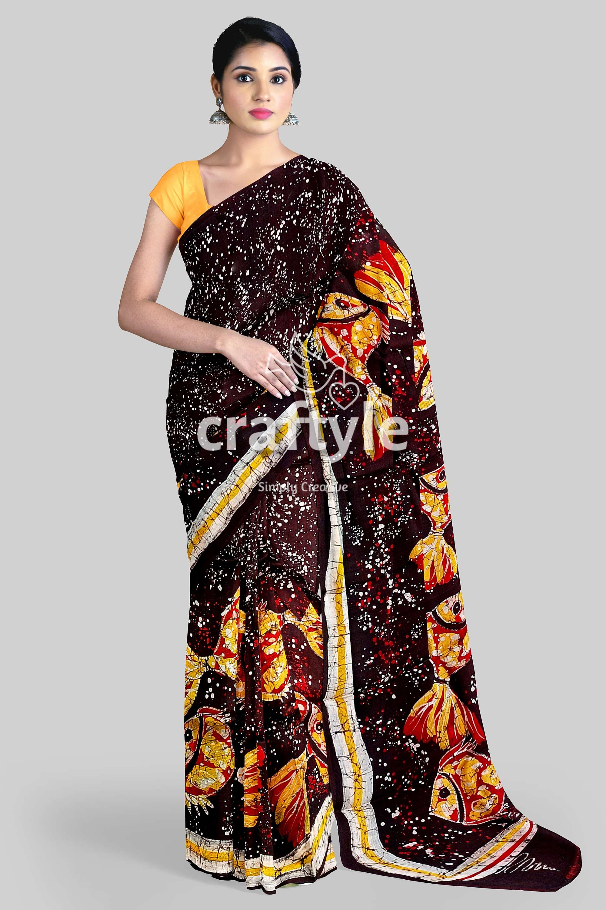 Fish Motif Hand Batik Pure Mulberry Silk Saree - Batik Silk Saree - Craftyle