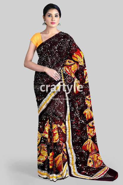 Fish Motif Hand Batik Pure Mulberry Silk Saree - Batik Silk Saree - Craftyle