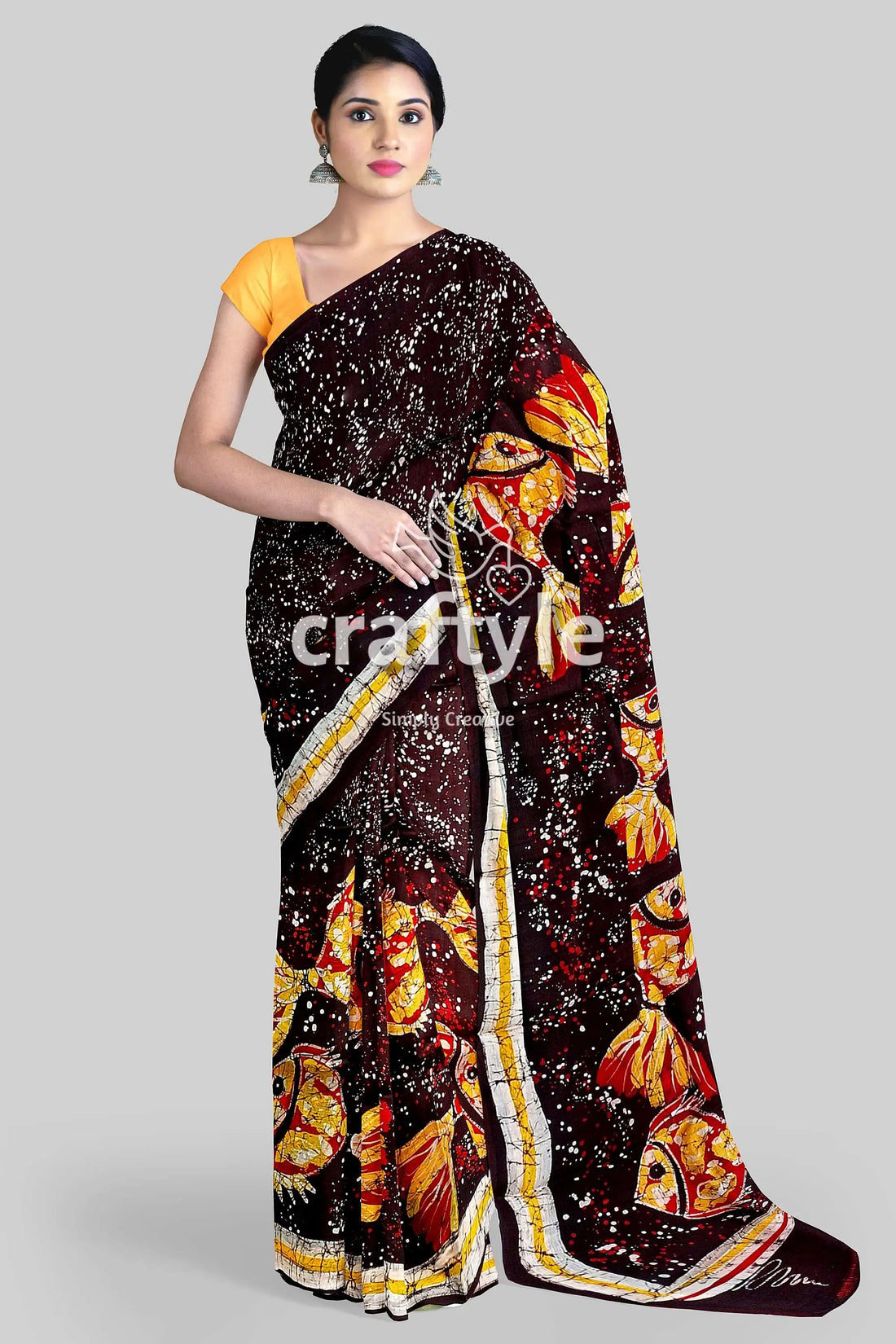 Fish motif hand batik pure mulberry silk saree - woman patterned saree 1