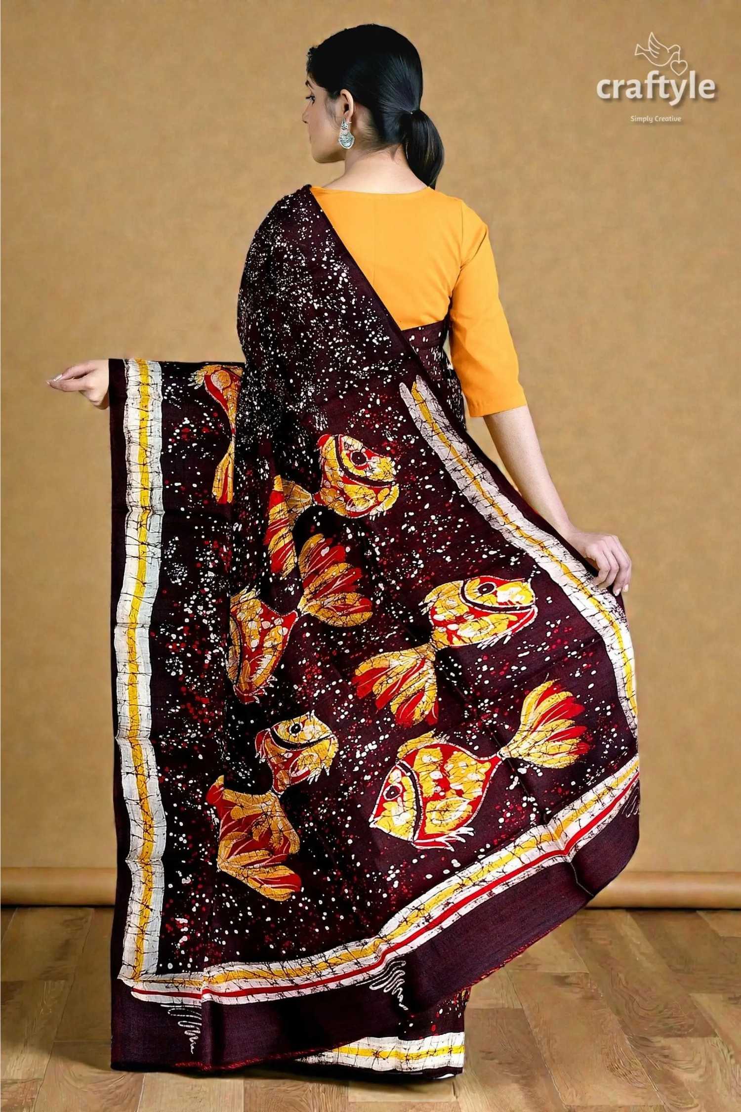 Fish motif hand batik pure mulberry silk saree - 4