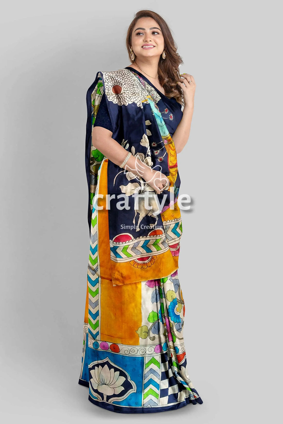 Fish motif spanish green floral design hand painted pure tussar kalamkari saree woman colorful saree 2