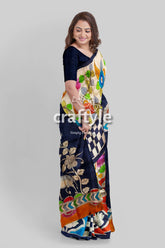 Fish Motif Spanish Green Floral Design Hand Painted Pure Tussar Kalamkari Saree - Craftyle