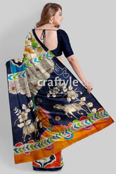 Fish Motif Spanish Green Floral Design Hand Painted Pure Tussar Kalamkari Saree - Craftyle