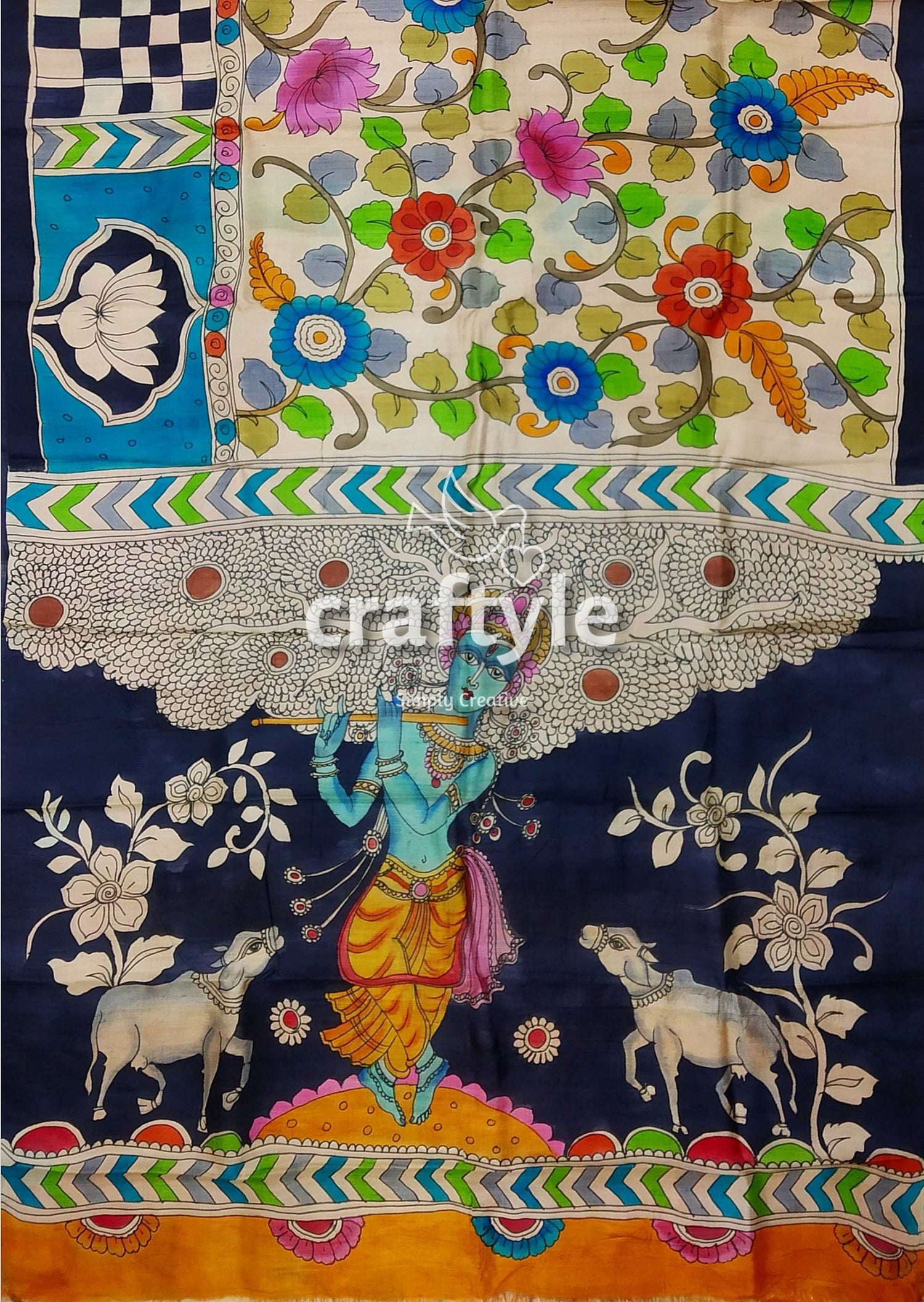 Fish Motif Spanish Green Floral Design Hand Painted Pure Tussar Kalamkari Saree - Craftyle