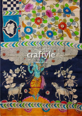 Fish Motif Spanish Green Floral Design Hand Painted Pure Tussar Kalamkari Saree - Craftyle