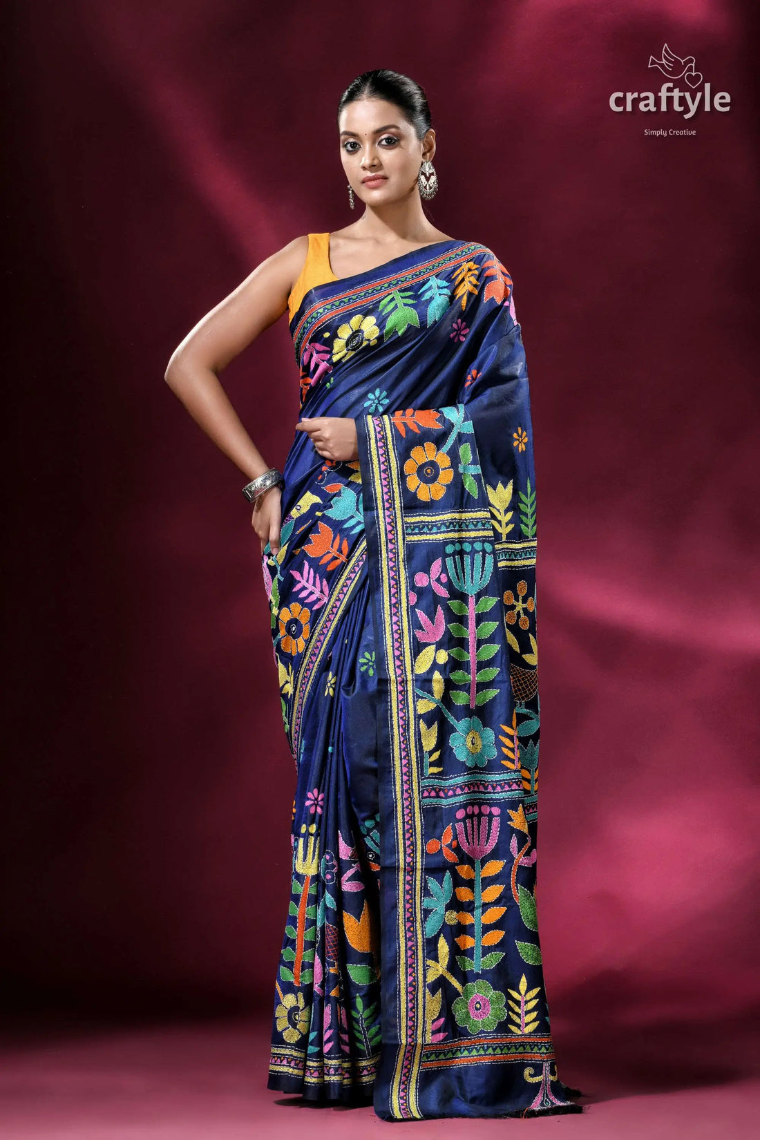 Flora and fauna cataline blue silk kantha work saree blue floral embroidered saree 1