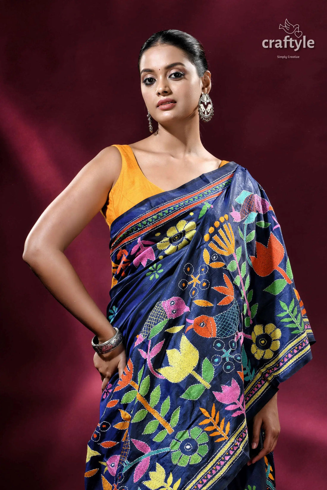 Flora and fauna cataline blue silk kantha work saree woman blue saree colorful floral 2