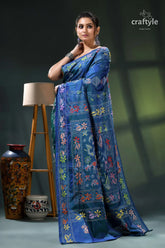 Flora and fauna design cerulean blue handcrafted kantha silk saree blue floral saree green border 4