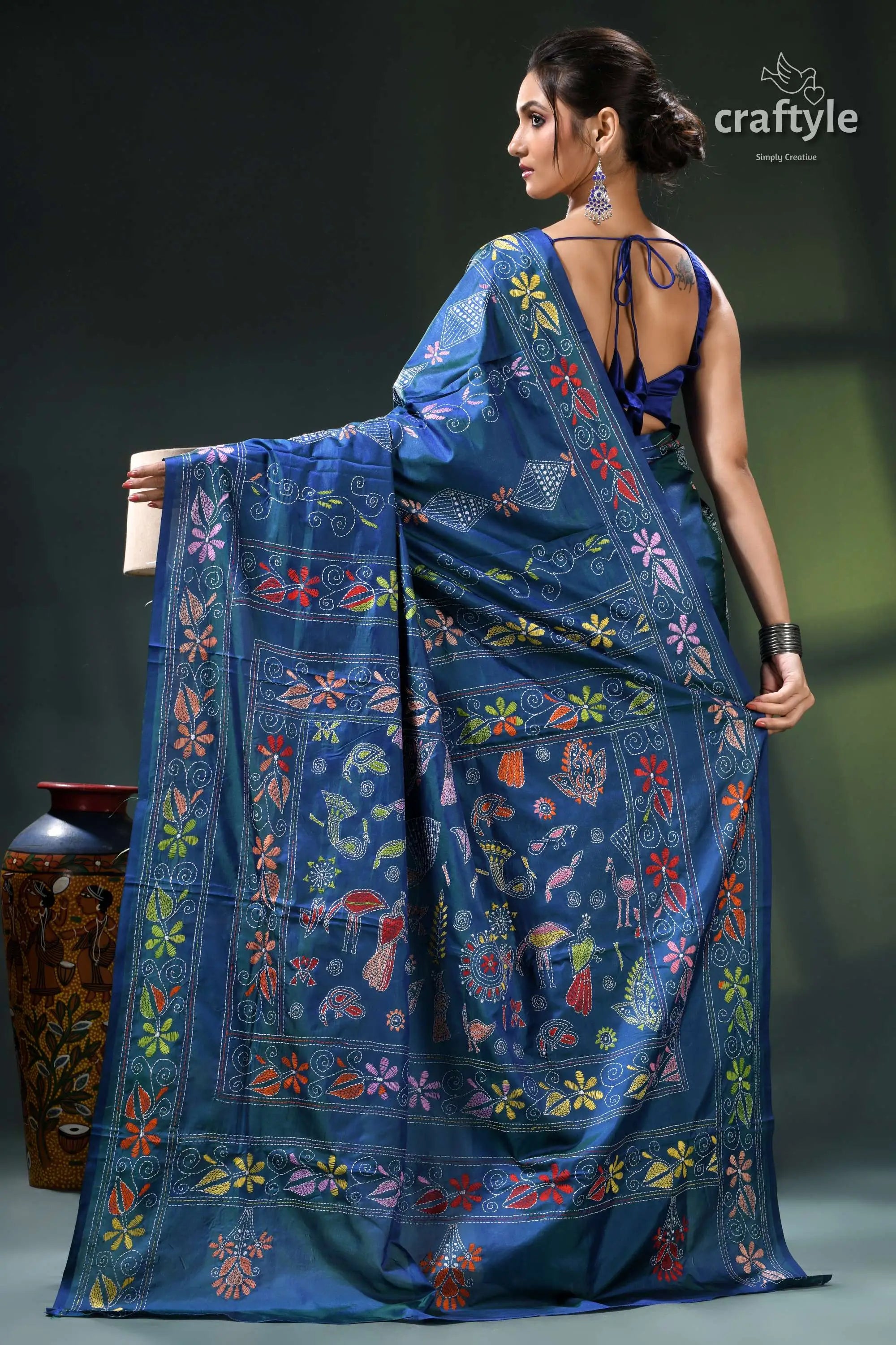 Flora and fauna design cerulean blue handcrafted kantha silk saree blue floral embroidered saree blouse 6
