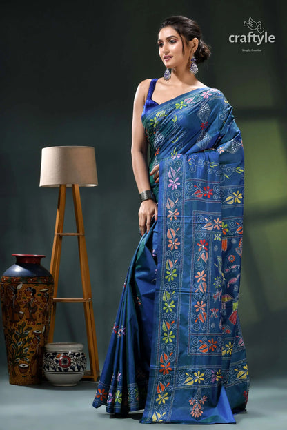 Flora and fauna design cerulean blue handcrafted kantha silk saree blue floral saree silver embellishments 3