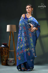 Flora and fauna design cerulean blue handcrafted kantha silk saree blue floral embroidered saree silver 5