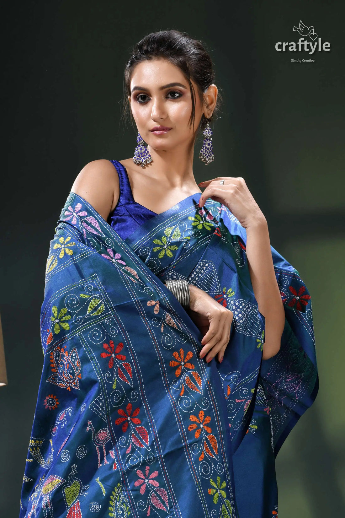 Flora and fauna design cerulean blue handcrafted kantha silk saree blue floral saree intricate designs 2