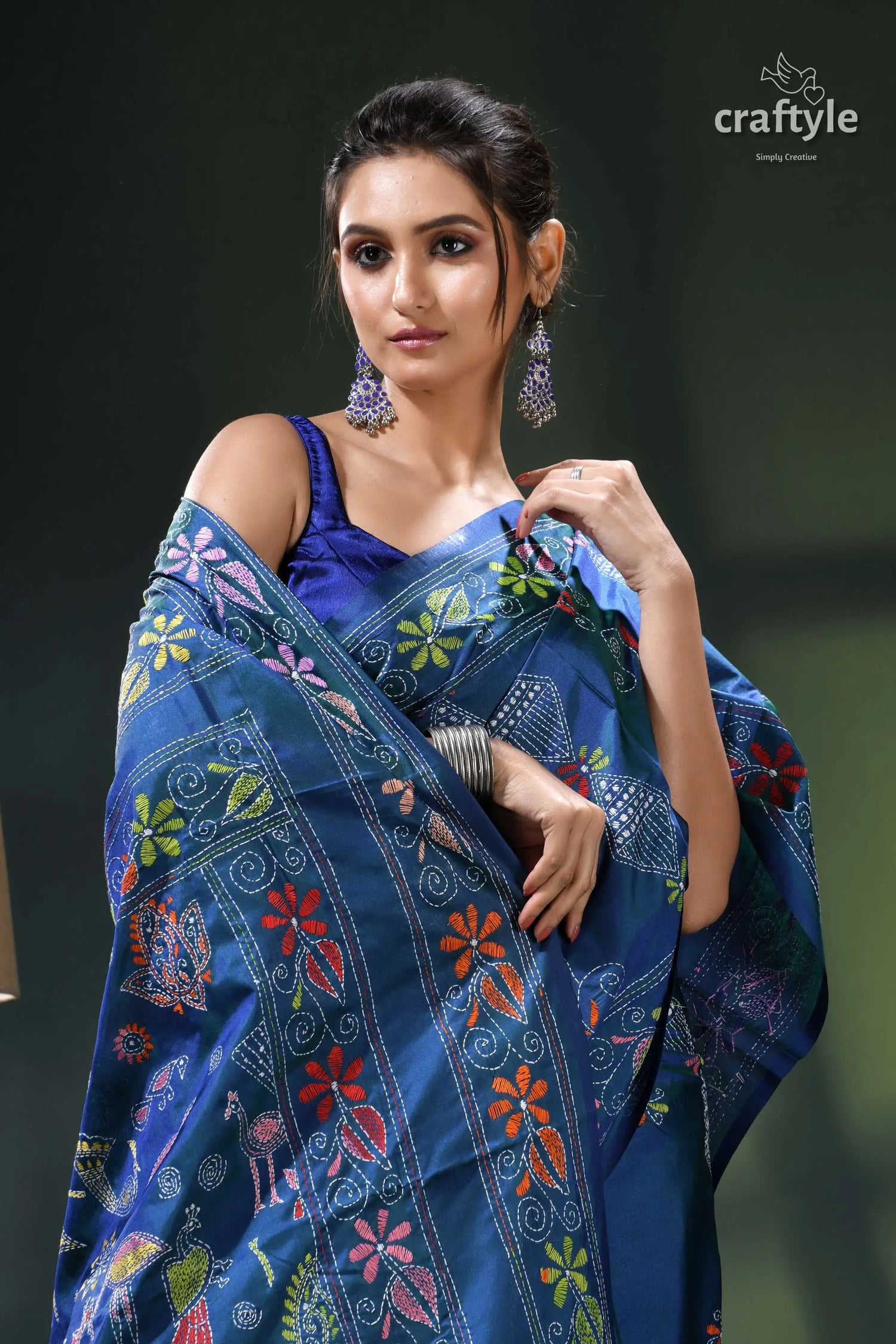 Flora and fauna design cerulean blue handcrafted kantha silk saree blue floral saree intricate designs 2