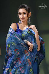 Flora and fauna design cerulean blue handcrafted kantha silk saree blue floral saree intricate designs 2