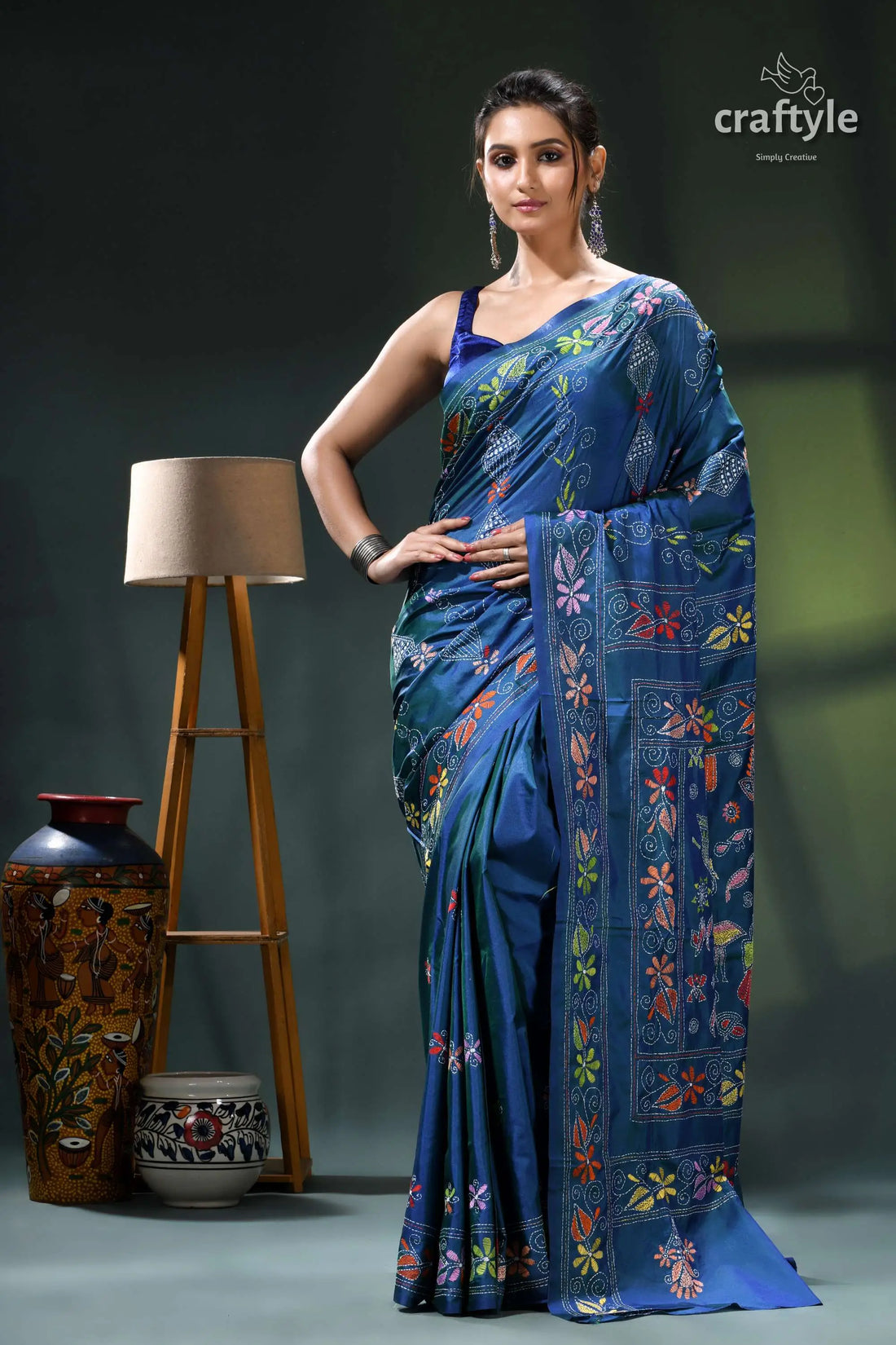 Flora and fauna design cerulean blue handcrafted kantha silk saree blue floral saree intricate embroidery 1