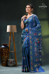 Flora and fauna design cerulean blue handcrafted kantha silk saree blue floral saree intricate designs 7