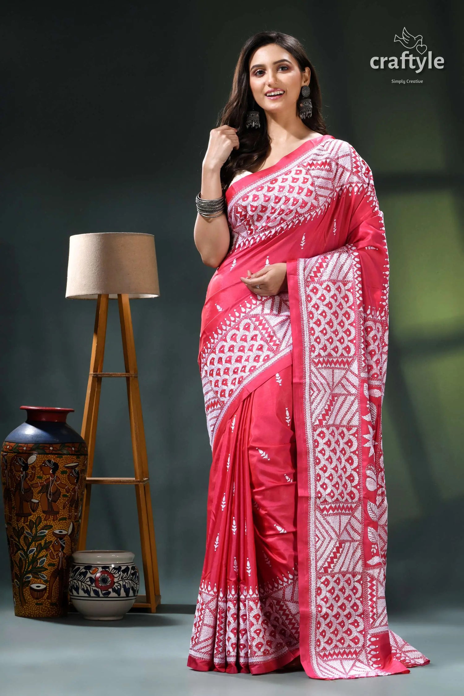 Flora and fauna design rose red silk kantha work saree pink white saree intricate geometric 7