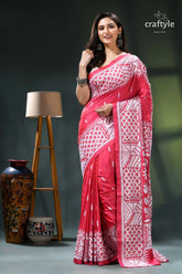 Flora and fauna design rose red silk kantha work saree pink white saree intricate geometric 7