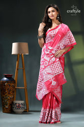 Flora and fauna design rose red silk kantha work saree pink white batik saree intricate 5