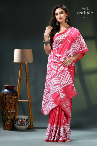 Flora and fauna design rose red silk kantha work saree pink white batik saree intricate 5