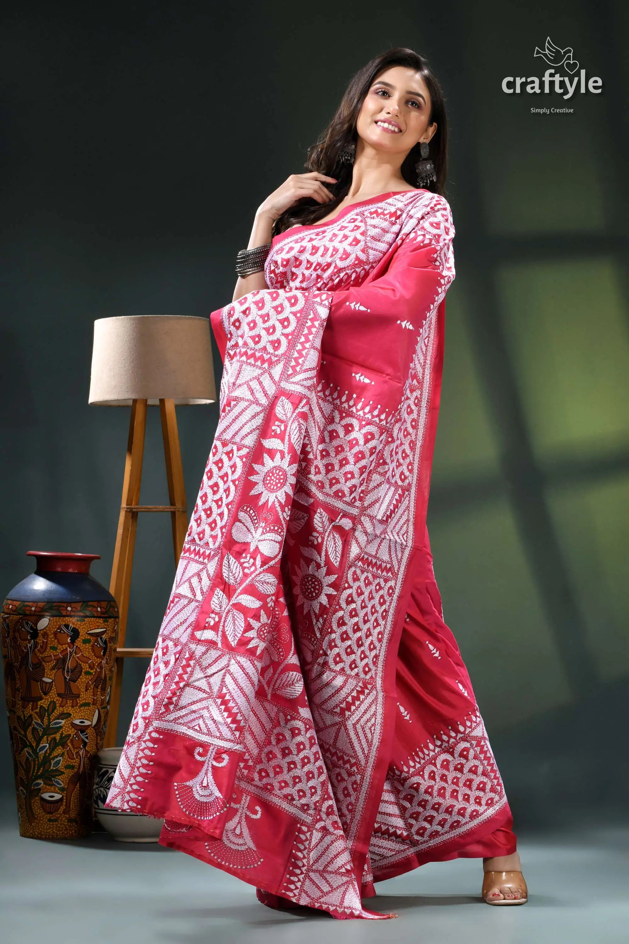 Flora and fauna design rose red silk kantha work saree pink white floral saree intricate 4