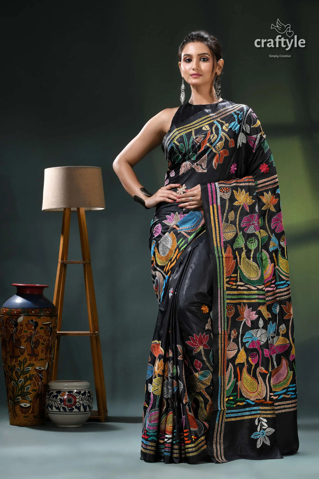 Flora and fauna motif hand embroidered silk kantha saree in black black silk saree adorned vibrant 1