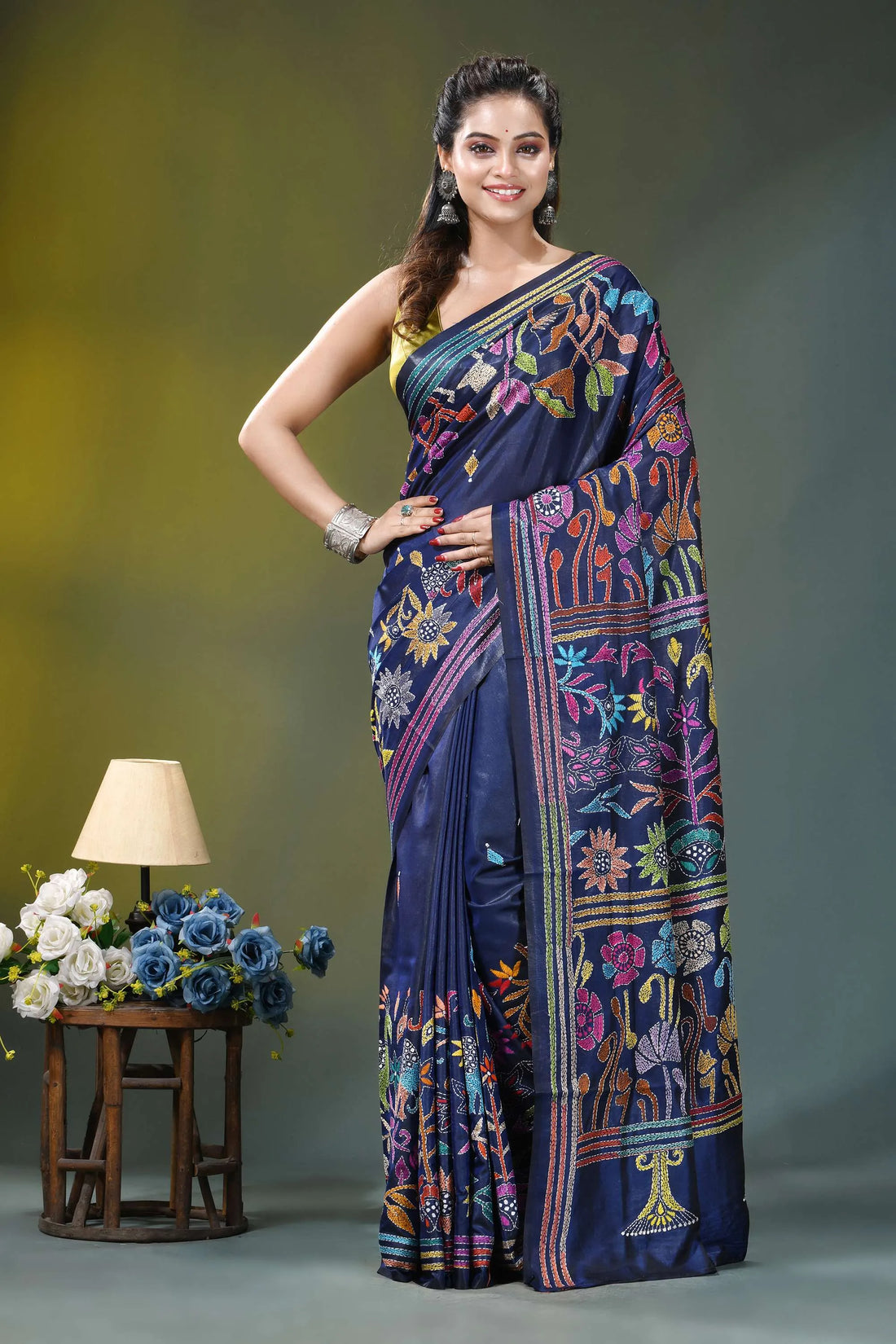 Flora and fauna pattern silk kantha work saree in blue navy blue silk saree adorned 1