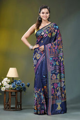 Flora and fauna pattern silk kantha work saree in blue navy blue silk saree adorned 1