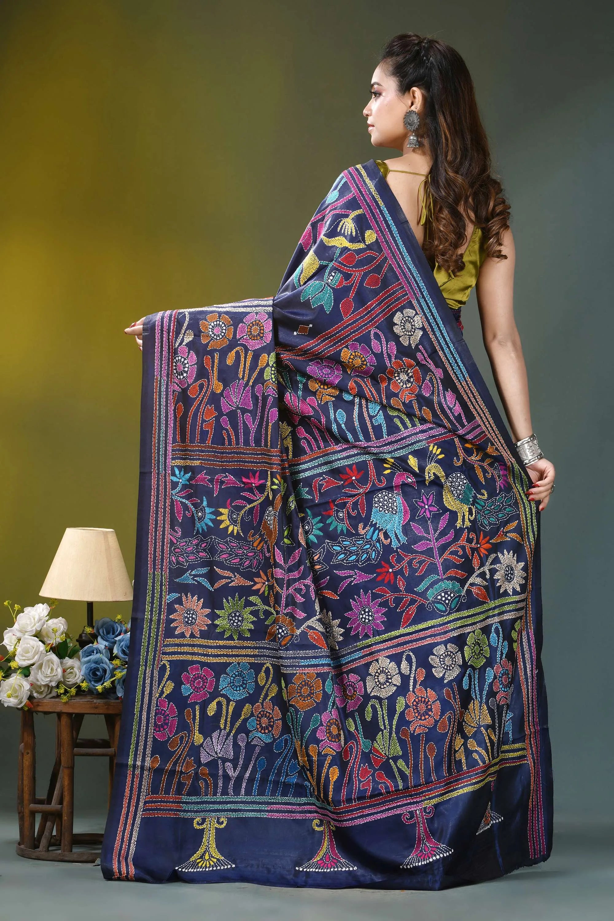 Flora and fauna pattern silk kantha work saree in blue navy blue silk saree adorned 5