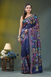 Flora and fauna pattern silk kantha work saree in blue rich navy blue silk saree 6