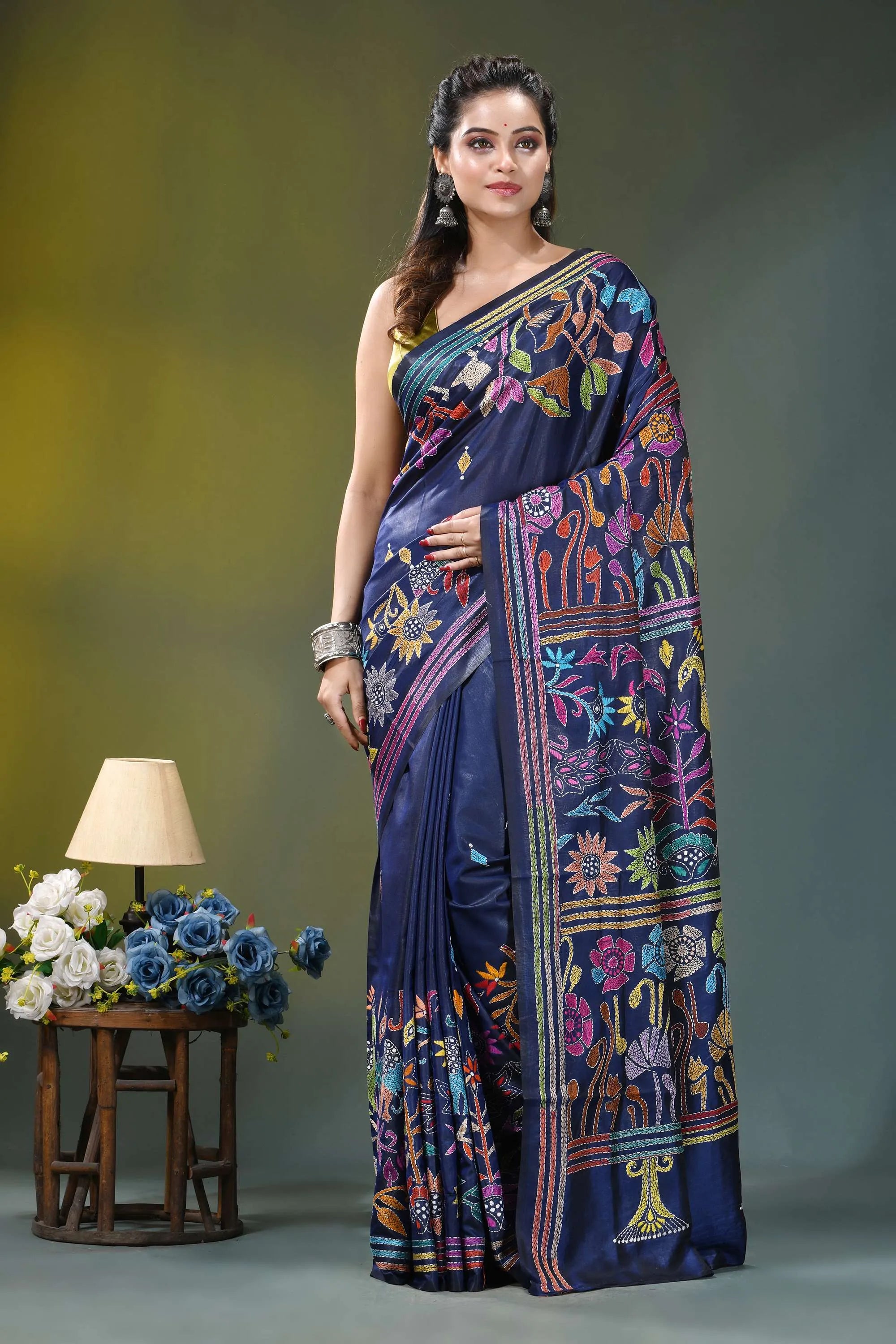 Flora and fauna pattern silk kantha work saree in blue rich navy blue silk saree 6