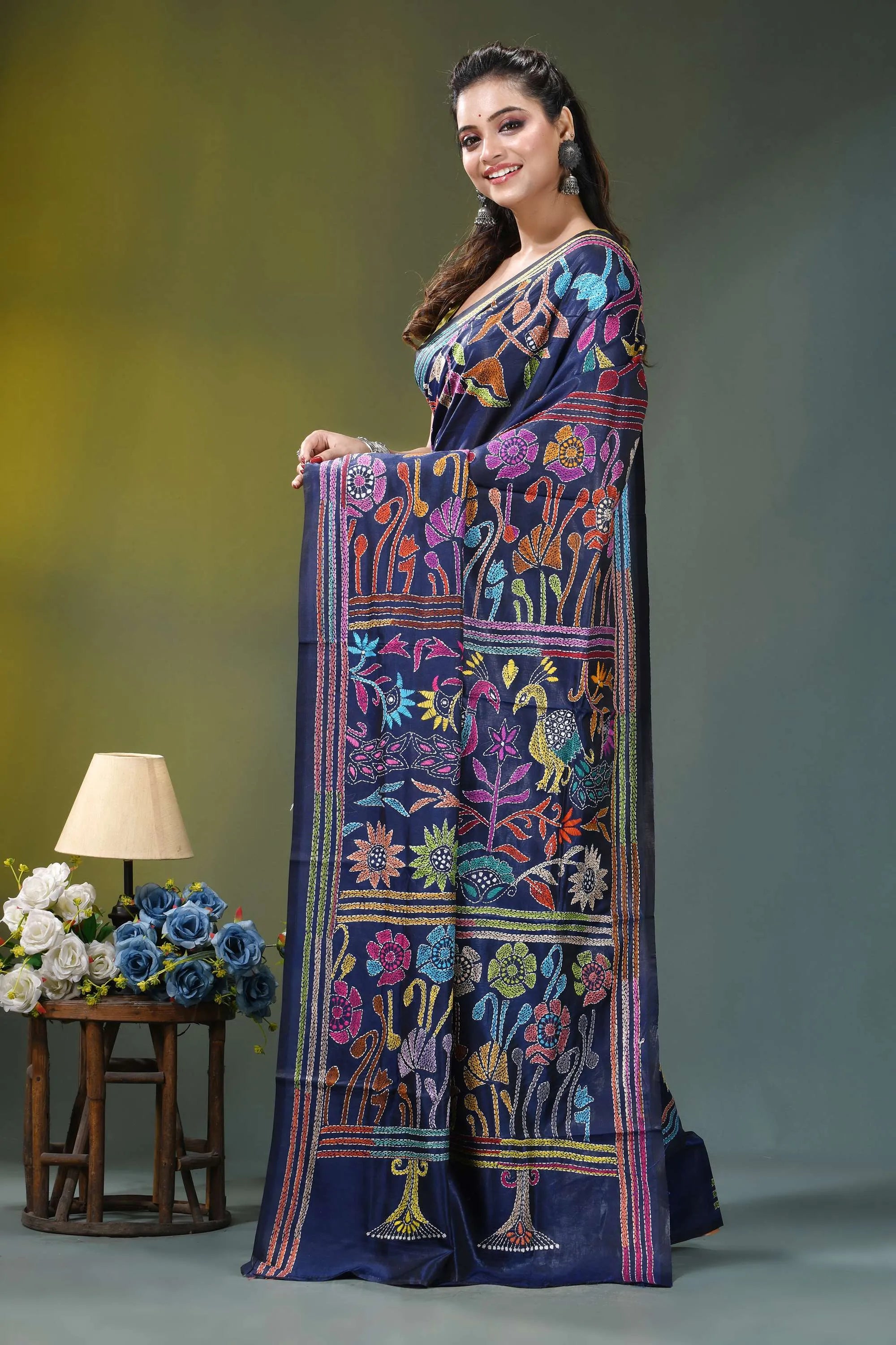 Flora and fauna pattern silk kantha work saree in blue navy blue saree adorned vibrant 3