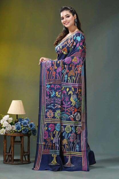 Flora and fauna pattern silk kantha work saree in blue navy blue saree adorned vibrant 3