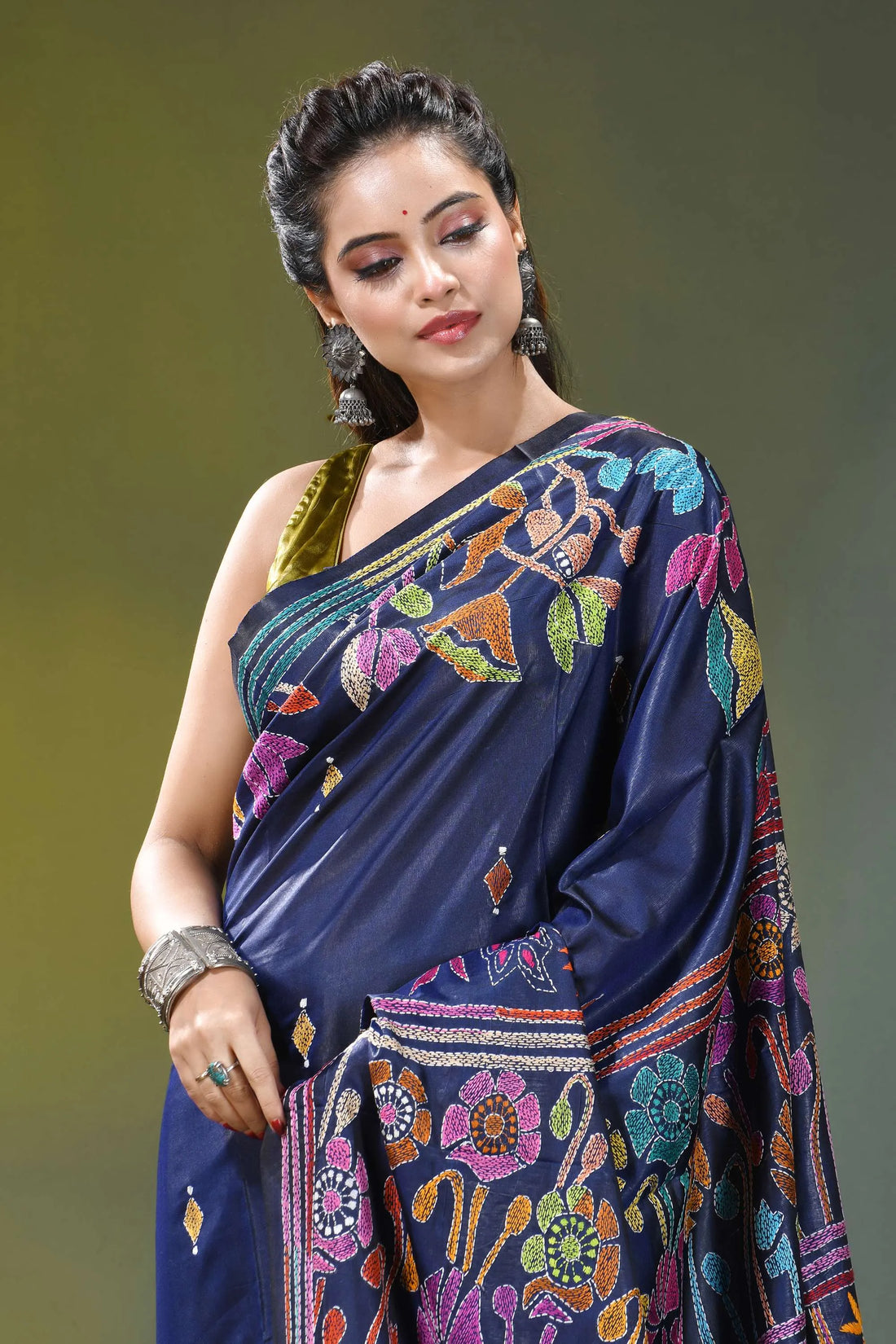 Flora and fauna pattern silk kantha work saree in blue navy blue silk saree adorned 2