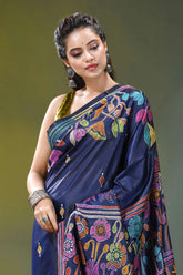 Flora and fauna pattern silk kantha work saree in blue navy blue silk saree adorned 2