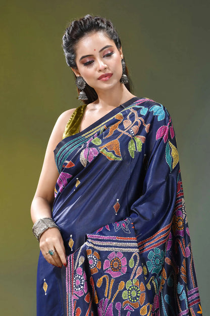 Flora and fauna pattern silk kantha work saree in blue navy blue silk saree adorned 2