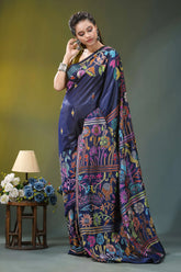 Flora and fauna pattern silk kantha work saree in blue woman wears navy blue silk 4