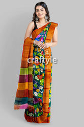 Floral and Bird Motif Pure Tussar Kalamkari Sari with Zari Border - Hand Painted - Craftyle