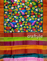 Floral and Bird Motif Pure Tussar Kalamkari Sari with Zari Border - Hand Painted - Craftyle