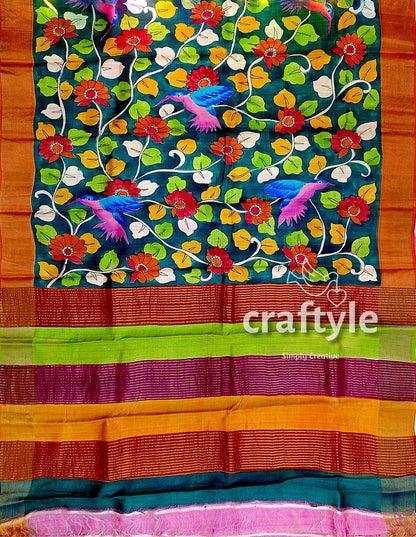 Floral and Bird Motif Pure Tussar Kalamkari Sari with Zari Border - Hand Painted - Craftyle