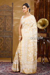 Floral Design Beige & White Multithread Silk Kantha Saree-Craftyle